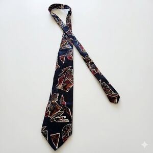 Oscar de la Renta Navy Silk Tie with Burgundy and Beige Abstract Pattern